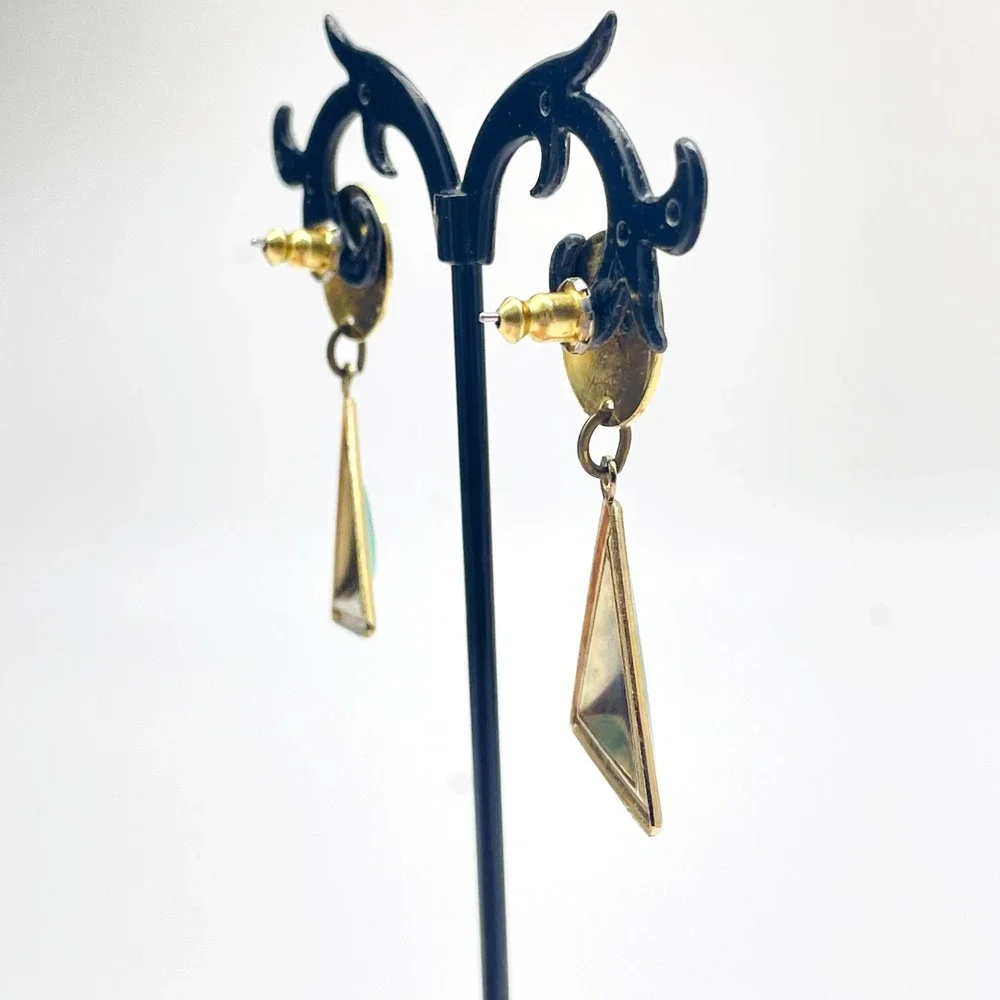 Vintage Pierced Dangle Earrings Green Triangle Bead Gold Tone Geometric Drop